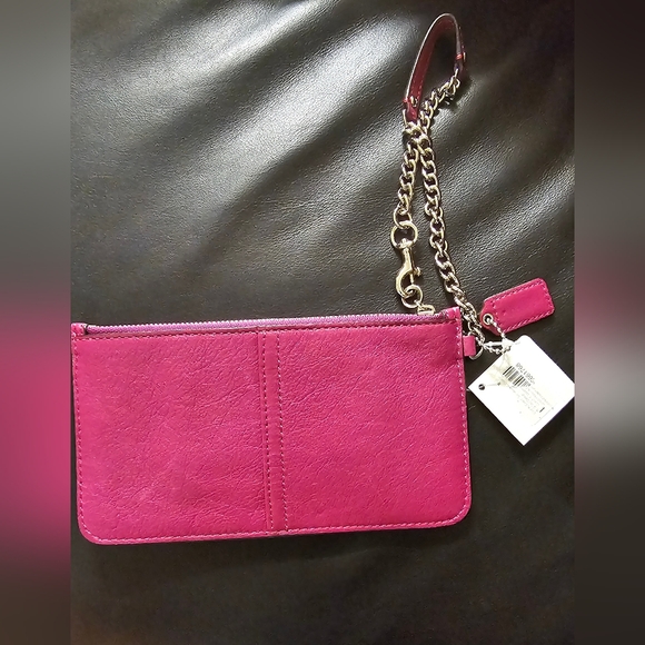 Coach Magenta Leather Slim Wristlet Clutch with silver chain New with Tags - Picture 6 of 14